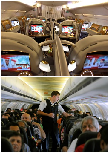This combination of Associated Press file photos show, on top, the first class section of an Emirates airlines Airbus A380, and on the bottom, Allegiant Air flight attendant Chris Killian preparing his passengers for the Laredo, Tex, bound flight before it pushes back from the terminal. (AP Photo/File)