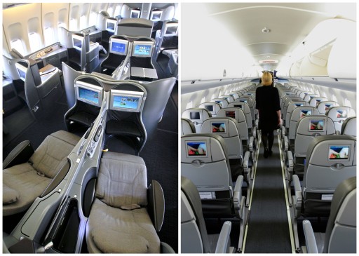 This combination of Associated Press file photos show, on the left, a first class interior section of a United Airlines 747 plane at San Francisco International Airport in San Francisco in 2011, and on the right, the coach interior section of  a JetBlue E190 plane at  Seatac International Airport in Seattle, in 2008.  Henry Harteveldt, an airline analyst with Hudson Crossing says First class has become a way for a traveler to have an almost private jet-like experience. (AP Photo/File)