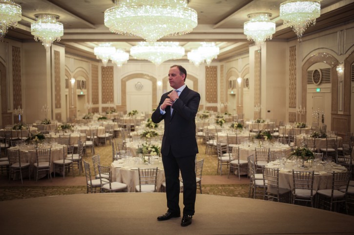 Guy Kleinman, the General Manager of the Jerusalem Waldorf Astoria hotel, stands in the dining hall of the hotel, which officially opened after years of construction on Agron street near the Old City, on Thursday, March 27, 2014. Photo by Flash 90.