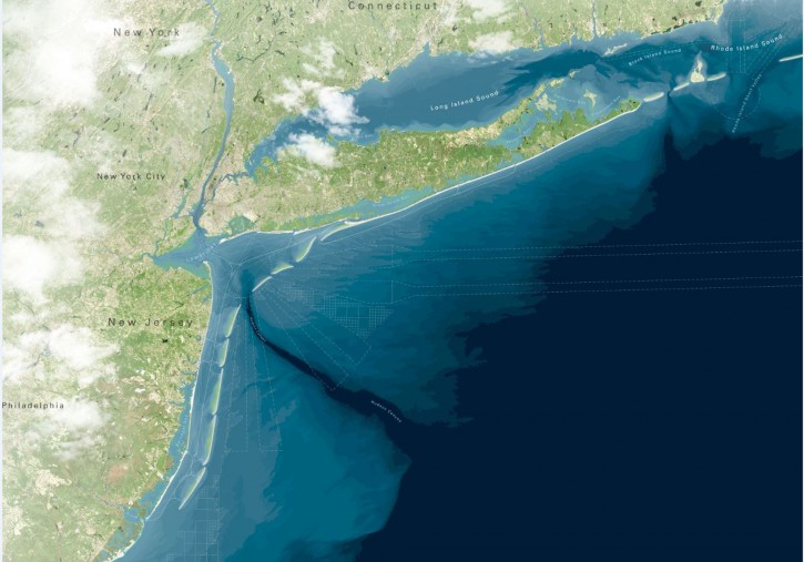 This artist rendering provided by WXY/West 8/Stevens Institute of Technology shows a proposed project to create a string of artificial barrier islands off the coast of New Jersey and New York. (AP Photo/WXY/West 8/Stevens Institute of Technology)