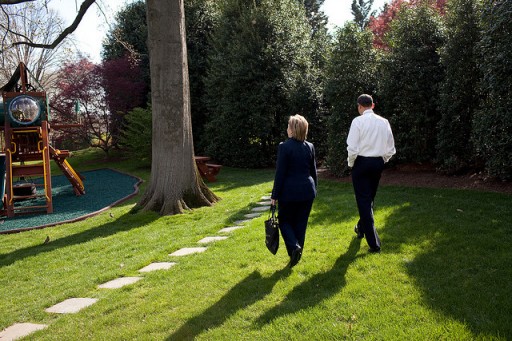 File: President Barack Obama walking with former Secretary of State Hillary Rodham Clinton outside the Oval Office following a meeting. (Official White House Photo by Pete Souza)