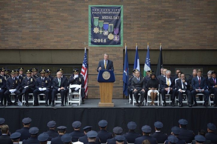 Mayor Bill de Blasio delivers remarks at the NYPD Medal Day Ceremony at One Police Plaza on Tuesday, June 10, 2014. Credit: Rob Bennett for the Office of Mayor Bill de Blasio
