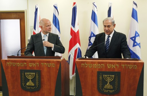 FILE  - Britain's Foreign Secretary William Hague (L) stands next to Israeli Prime Minister Benjamin Netanyahu (R) as they deliver joint statements before their meeting in Jerusalem, 23 May 2013.  EPA/RONEN ZVULUN / POOL