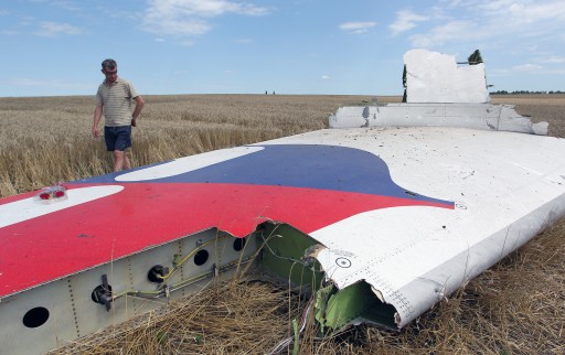 A man inspects the empennage tail debris at the main crash site of the Boeing 777 Malaysia Airlines flight MH17, which crashed over the eastern Ukraine region, near Grabovo, some 100 km east of Donetsk, Ukraine, 20 July 2014.  EPA