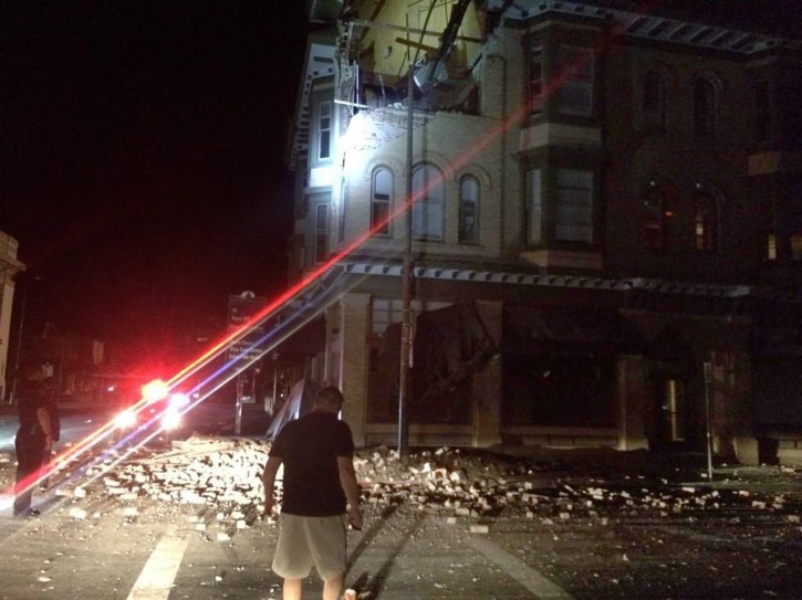 This photo provided by Lyall Davenport shows damage to a building in Napa, Calif. early Sunday, Aug. 24, 2014. Officials say an earthquake with a preliminary magnitude of 6.0 has been reported in California's northern San Francisco Bay area. (AP Photo/Lyall Davenport)