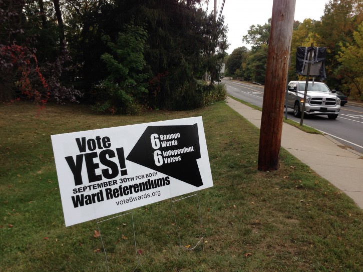 A sign to vote yes is seen on a road in Rockland County, on Sept. 29, 2014. (Sandy Eller/VINnews)