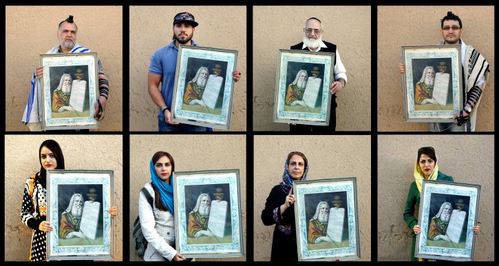 In this Nov, 2014 combo image made up of 8 photos, Iranian Jews pose for photographs holding a painting of Moses with "The Ten Commandments," after prayers at the Molla Agha Baba Synagogue, in the city of Yazd 420 miles (676 kilometers) south of capital Tehran. (AP Photo/Ebrahim Noroozi)