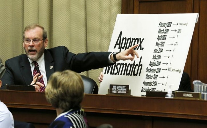 U.S. Representative Morgan Griffith of Virginia points to a chart showing mismatch rates of drift in influenza vaccine compared to the dominant strain of the flu as he questions witnesses about seasonal influenza in the United States during a House Energy and Commerce Oversight and Investigations Subcommittee hearing on Capitol Hill in Washington February 3, 2015. REUTERS
