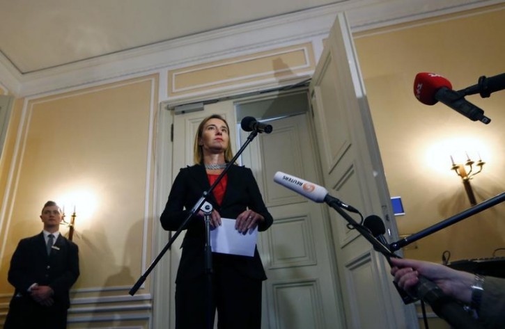 The European Union's foreign policy chief Federica Mogherini addresses to media after the meeting of the Quartet of Middle East peace mediators during the 51st Munich Security Conference at the 'Bayerischer Hof' hotel in Munich February 8, 2015. REUTERS