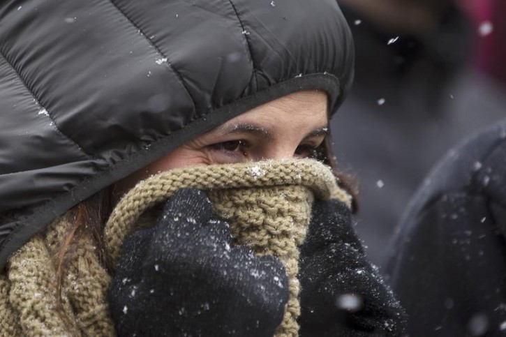 A woman holds a scarf over her face to keep warm as she waits in line outside the 139th Westminster Kennel Club Dog Show in the Manhattan borough of New York February 14, 2015. North-eastern United States is preparing for another storm and historically low temperatures in coming days.      REUTERS/Carlo Allegri  