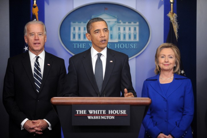 FILE - US President Barack Obama (C) delivers remarks beside US Vice President Joe Biden (L) and Former US Secretary of State Hillary Clinton (R), at the White House in Washington DC, USA, 16 December 2010. EPA