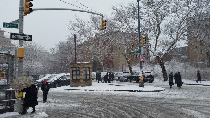 Pedestrians make their way through the snow covered streets on Purim in Willimasburg, Brooklyn, NY, 05 March 2015. 