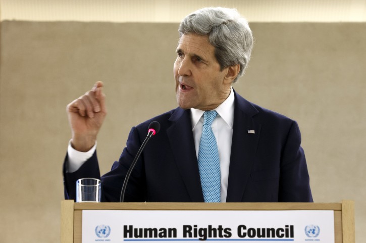 US Secretary of State John Kerry speaks at the High-Level Segment of the 28th session of the Human Rights Council, at the European headquarters of the United Nations in Geneva, Switzerland,, 02 March 2015. EPA/SALVATORE DI NOLFI