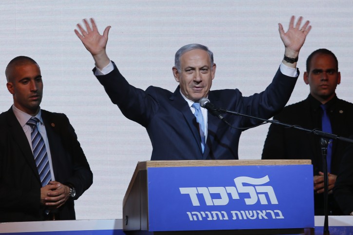 Israeli Prime Minister Benjamin Netanyahu waves to supporters as he delivers his speech in Tel Aviv, Israel, early 17 March 2015. EPA/ABIR SULTAN