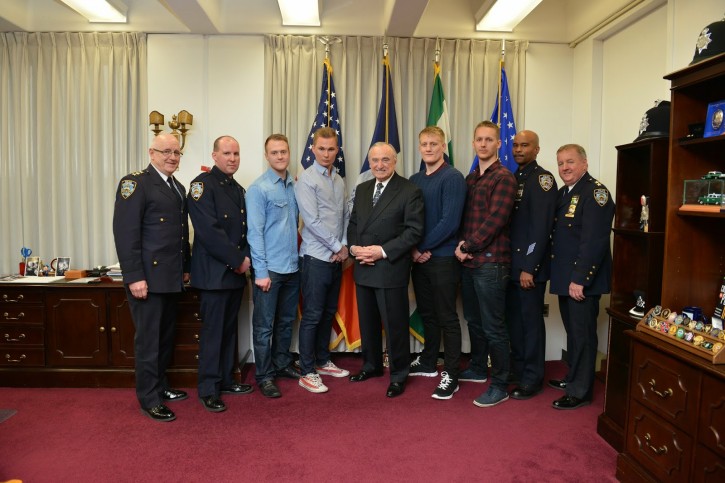 Police Commissioner Bratton and members of the NYPD Transit Bureau met with four Swedish police officers Thursday night who jumped into action while riding the 6 train on Manhattan.(NYPD)