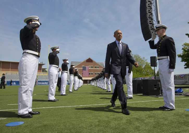 President Barack Obama is introduced at the U.S. Coast Guard Academy graduation in New London, Conn., Wednesday, May 20, 2015, before giving the commencement address. (AP Photo/Pablo Martinez Monsivais)