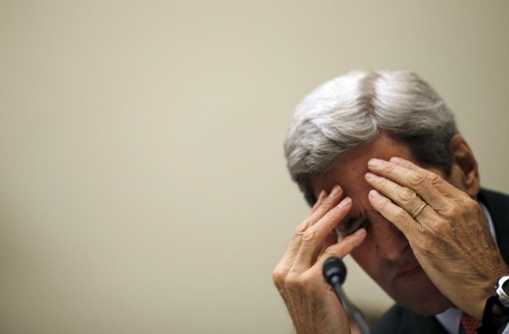 U.S. Secretary of State John Kerry takes a pause as he testify before a House Foreign Affairs Committee hearing on the Iran nuclear agreement in Washington, July 28, 2015. REUTERS/Carlos Barria