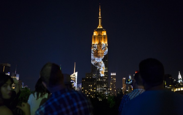 Large images of endangered species are projected on the south facade of The Empire State Building, Saturday, Aug. 1, 2015. The large scale projections are in part inspired by and produced by the filmmakers of an upcoming documentary called "Racing Extinction."  (AP Photo/Craig Ruttle)
