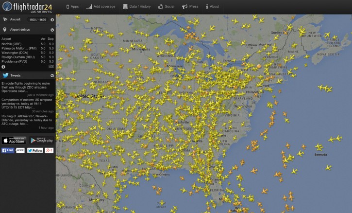 This image made from the website Flightradar24.com shows air traffic over the eastern half of the United States on Saturday, Aug. 15, 2015 at 4 p.m. EDT. Flights bound for the Washington area and some flights from airports in the New York City area that must fly over the Washington region were being delayed or grounded Saturday due to "technical issues" at an air traffic control center in Virginia, the Federal Aviation Administration said. (Flightradar24.com via AP)