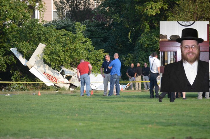 First responders gather at the scene of a small plane crash by the Cresskill Swim Club in Creskill, NJ on Sept. 3, 2015.  The crash seriously injured Spring Valley resident Yanky Rosenberg (inset photo). (Photo courtesy The Record, BERNADETTE MARCINIAK)