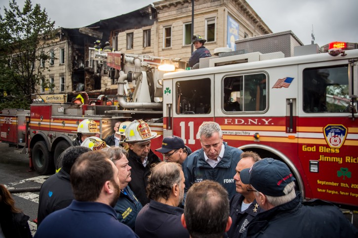 FILE - Mayor Bill de Blasio delivers an update on the building explosion in Borough Park. Saturday, October 3, 2015. Credit: Demetrius Freeman/Mayoral Photography Office.