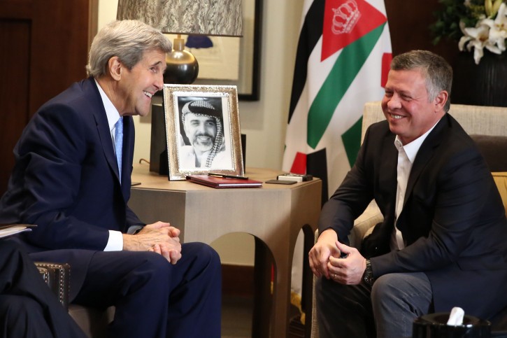 Jordanian King Abdullah II, right, meets with U.S. Secretary of State John Kerry at the Royal Palace in Amman Jordan, Saturday, Oct. 24 2015. Kerry said Saturday that Israel and Jordan have agreed on steps aimed at reducing tensions at a holy site in Jerusalem that have fanned Israeli-Palestinian violence. (AP Photo/Raad Adayleh)
