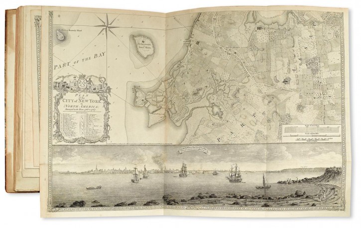 This photo provided courtesy of Swann Auction Galleries shows a map of the lower half of Manhattan island and surrounding area, included in a British atlas printed during the Revolutionary War, and is among the historic maps and atlases up for sale Tuesday, Dec. 8, 2015, at Swann Auction Galleries in New York City. (Courtesy of Swann Auction Galleries via AP)
