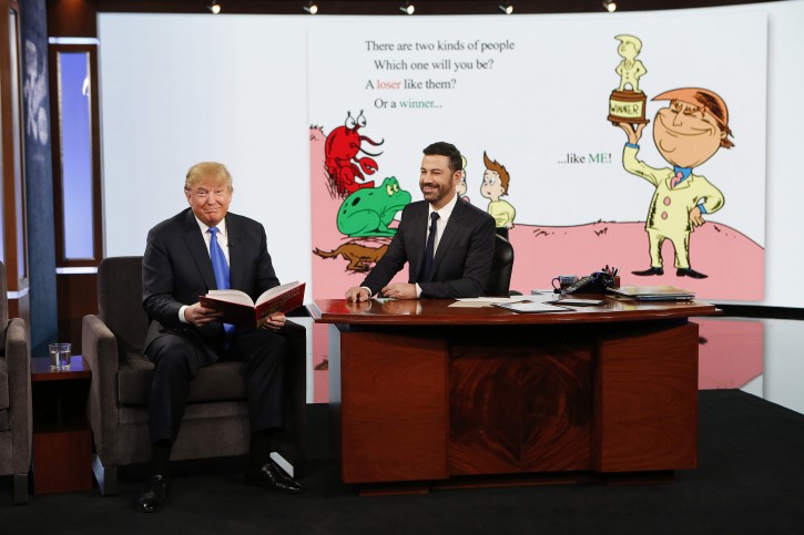 This photo provided by ABC shows guest Republican Presidential candidate Donald Trump, left, with host Jimmy Kimmel, on Jimmy Kimmel Live on Wednesday, Dec. 16, 2015, in Los Angeles. The ABC show airs every weeknight, 11:35 p.m. - 12:41 a.m., ET. (Randy Holmes/ABC via AP)