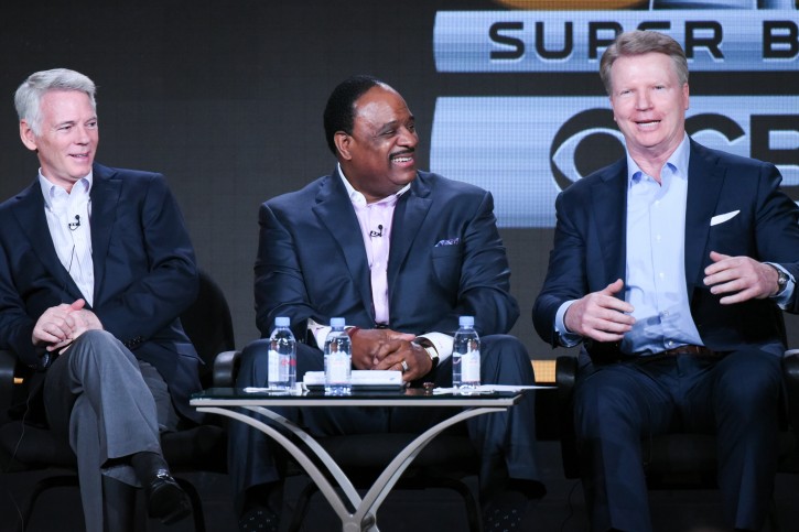 Chairman CBS Sports Sean McManus, from left, sportscasters James Brown and Phil Simms participate in the "CBS Sports" panel at the CBS 2016 Winter TCA on Tuesday, Jan. 12, 2016, in Pasadena, Calif. (Photo by Richard Shotwell/In vision/AP)