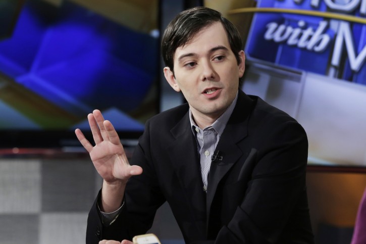 Former Turing Pharmaceuticals CEO Martin Shkreli is interviewed by host Maria Bartiromo during her "Mornings with Maria Bartiromo" program on the Fox Business Network, in New York, Tuesday, Feb. 2, 2016. (AP Photo/Richard Drew)