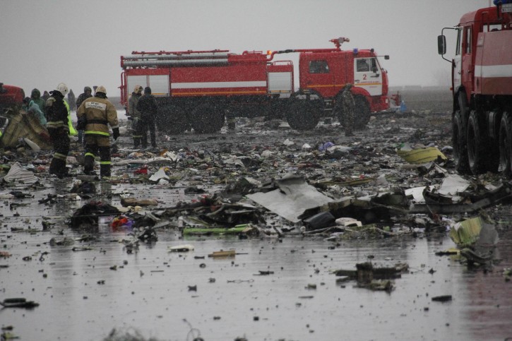 A handout picture released by the Russian Emergency Ministry shows debris of a Boeing 737 of flydubai low-cost carrier, which crashed on the runway of Rostov-on-Don airport, Russia, 19 March 2016 EPA