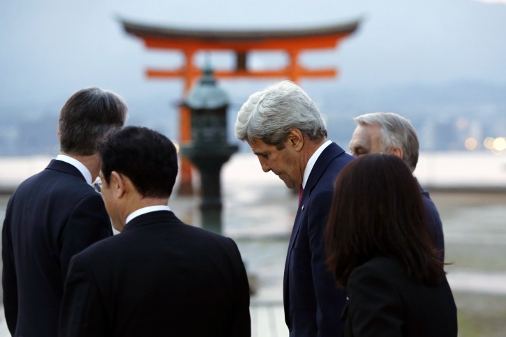 U.S. Secretary of State John Kerry (C) and G7 foreign ministers visit the Itsukushima Shrine as they take a cultural break from their meetings in nearby Hiroshima to visit Miyajima Island, Japan, April 10, 2016. REUTERS/Jonathan Ernst
