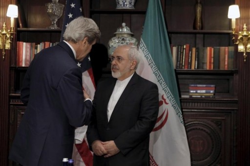 FILE - U.S. Secretary of State John Kerry (L)  meets with Iran's Foreign Minister Mohammad Javad Zarif in Manhattan, New York City, U.S., April 22, 2016.  REUTERS/Brendan McDermid 
