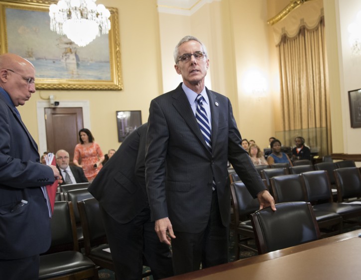 Transportation Security Administration chief Peter Neffenger appears before the House Homeland Security Committee which is looking for answers on how to balance security with long lines at airport checkpoints, on Capitol Hill in Washington, Wednesday, May 25, 2016. The TSA ousted its head of security this week in an approach to finding a solution.  (AP Photo/J. Scott Applewhite)