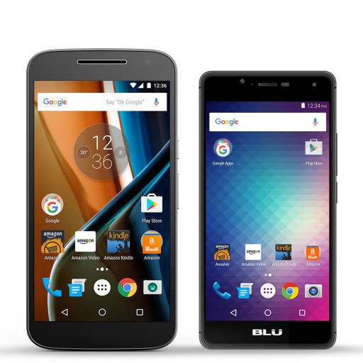 This photo provided by Amazon shows Motorolaâs Moto G, left, and the Blu R1 HD. After flopping spectacularly with its own Fire phone, Amazon is selling special editions of other phones at a $50 discount. These phones will come with ads on the lock screen and lots of Amazon apps on the home screen. You can hide those apps, but wonât be able to uninstall them. (Amazon via AP)