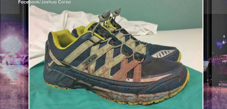 The bloody shoes worn by Dr. Joshua Corsa as he treated victims after the Florida shooting attack