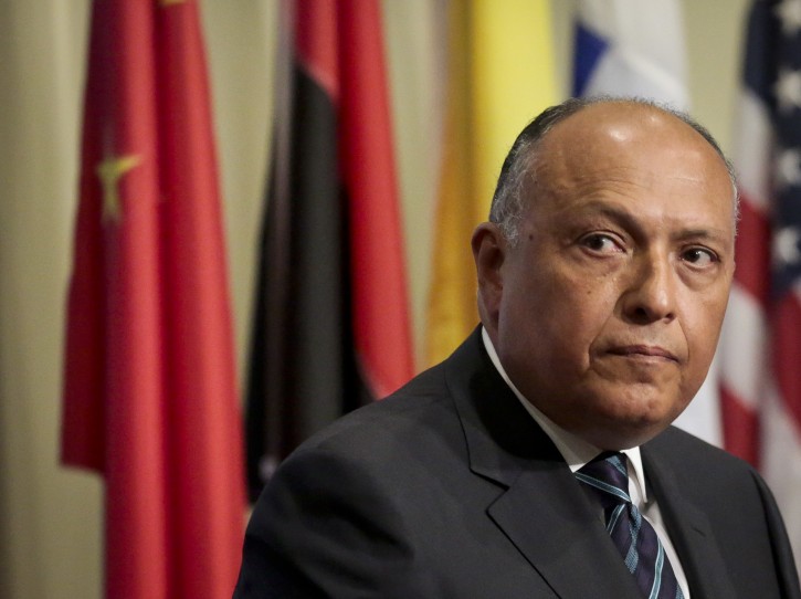 FILE -- In this May 11, 2016 file photo, Egypt's Foreign Minister Sameh Shoukry listens during a press conference after heading a Security Council meeting on terrorism, at U.N. headquarters. Shoukry will visit Israel Sunday, July 10, 2016. AP