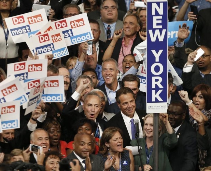Delegates from the state of New York announce their count during roll call at the Democratic National Convention in Philadelphia, Pennsylvania, U.S. July 26, 2016. REUTERS/Rick Wilking.   