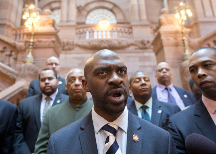 FILE - Assemblyman Michael Blake, D-Bronx, speaks about criminal justice reforms during a news conference at the Capitol on Wednesday, April 29, 2015, in Albany, N.Y.(AP Photo/Mike Groll)