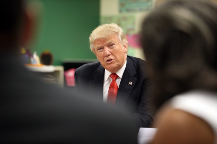 Republican presidential candidate Donald Trump speaks during a small group roundtable held at the Cleveland Arts and Social Sciences Academy on Thursday, Sept. 8, 2016.(Thomas Ondrey/The Plain Dealer via AP)