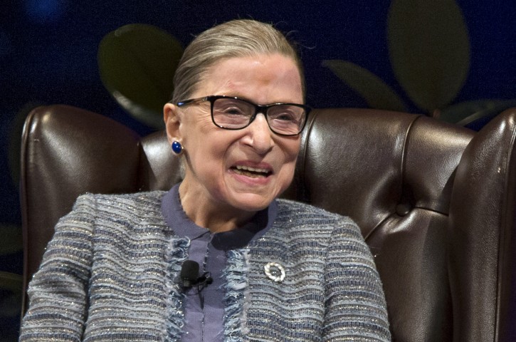 U.S. Supreme Court Justice Ruth Bader Ginsburg laughs on stage during a public event Monday, Sept. 12, 2016, inside the Purcell Pavilion at Notre Dame in South Bend, Ind. (Robert Franklin/South Bend Tribune via AP)