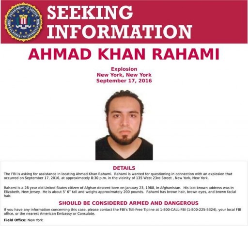An image of Ahmad Khan Rahami, who is wanted for questioning in connection with an explosion in New York City, is seen in a a poster released by the Federal Bureau of Investigation (FBI) on September 19, 2016. FBI/Handout via Reuters 