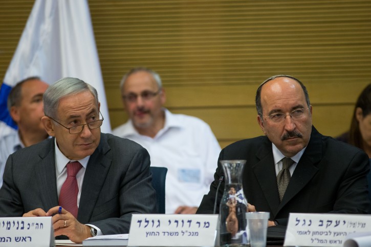 Israeli Prime Minister Benjamin Netanyahu (L) and Director-General of the Israeli Ministry of Foreign Affairs Dore Gold attend a session of the State Control Committee at the Knesset, Israeli parliamant in Jerusalem. on July 25, 2016. Photo by Yonatan Sindel/Flash90 
