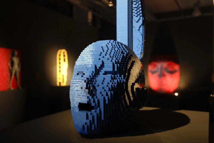 Sculptures are displayed during the opening of U.S. artist Nathan Sawaya exhibition "The Art of the Brick", featuring works entirely made from lego bricks, in Milan, Italy, Wednesday, Oct. 19, 2016. American artist Nathan Sawaya has a standing order of several hundred thousand Lego bricks monthly to create life-size sculptures that have traveled the globe.(AP Photo/Luca Bruno)