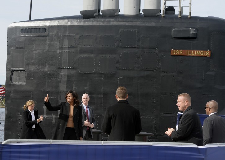 First lady Michelle Obama during a commissioning ceremony for the U.S. Navy attack submarine USS Illinois, Saturday, Oct. 29, 2016, in Groton, Conn. The submarine is named for Obama's home state of Illinois.(AP Photo/Jessica Hill)