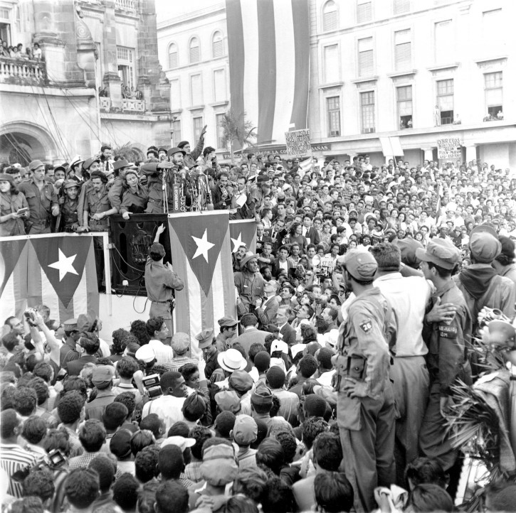 FILE - In this Jan. 1959 file photo, Cuba's leader Fidel Castro addresses a crowd in a park in front of the presidential palace in Havana, Cuba. Castro, who led a rebel army to improbable victory in Cuba, embraced Soviet-style communism and defied the power of 10 U.S. presidents during his half century rule, has died at age 90. Castro died eight years after ill health forced him to formally hand power over to his younger brother Raul, who announced his death late Friday, Nov. 25, 2016, on state television. (AP Photo/Harold Valentine, File)