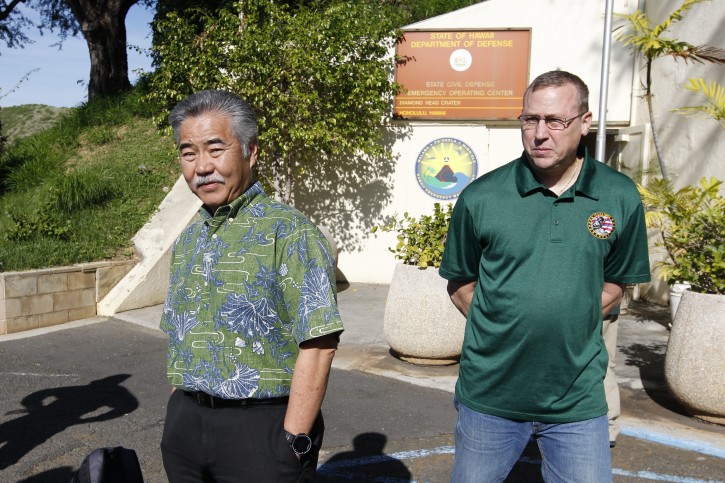 Hawaii Gov. David Ige and Maj. Gen. Joe Logan were on hand for a press conference at Civil Defense at Diamond Head Saturday, Jan. 13, 2018, following the false alarm issued of a missile launch on Hawaii. A push alert that warned of an incoming ballistic missile to Hawaii and sent residents into a full-blown panic was a mistake, state emergency officials said. (George F. Lee /The Star-Advertiser via AP)