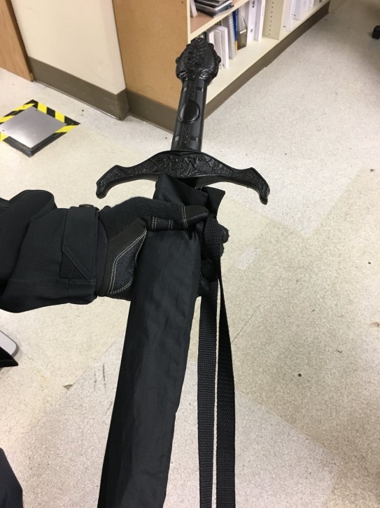 This photo provided by the Kirkland Police Department shows an umbrella with a sword-shaped handle on Wednesday, Jan. 17, 2018 in Kirkland, Wash. A Seattle-area hospital was briefly placed in lockdown after a witness reported a man carrying what appeared to be a rifle, which turned out to be the umbrella. (Kirkland Police Department via AP)