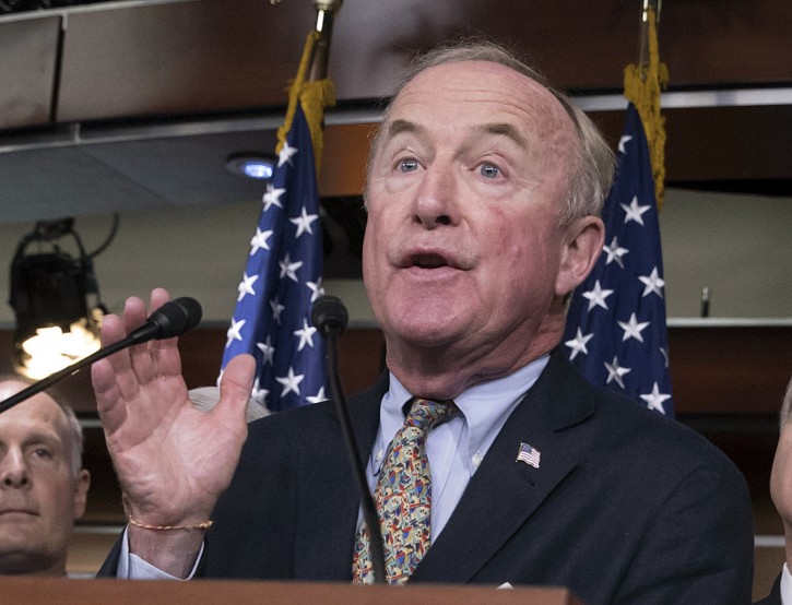 Rep. Rodney Frelinghuysen, R-N.J., chairman of the House Appropriations Committee, center, joined by House subcommittee chairs, speaks after the passage of a sweeping $1.2 trillion spending bill to fund the government, at the Capitol in Washington, Thursday, Sept. 14, 2017. From left to right are Rep. Hal Rogers, R-Ky., Speaker of the House Paul Ryan, R-Wis., Rep. Tom Marino, R-Pa., Rep. Mike Coffman, R-Colo., Rep. Kay Granger, R-Texas, Rep. Kevin Yoder, R-Kan., and Rep. Tom Graves, R-Ga. (AP Photo/J. Scott Applewhite)