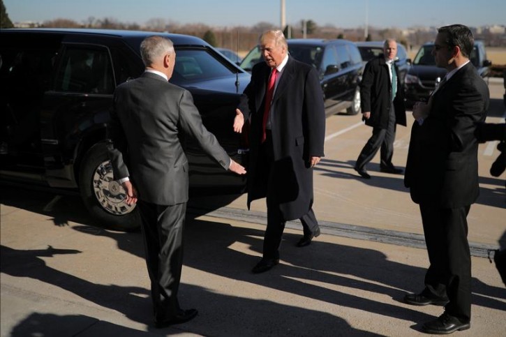 U.S. President Donald Trump shakes hands with Defense Secretary Jim Mattis as he arrives for a meeting at the Pentagon in Arlington, Virginia, U.S., January 18, 2018. REUTERS/Carlos Barria